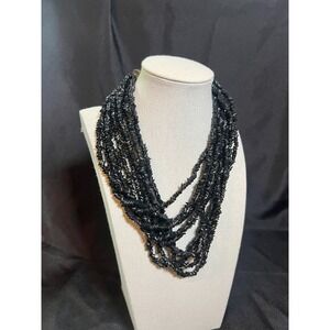 Multi-Strand Black‎ Chip Bead Necklace 16" Layered Beads Silver Floral Caps